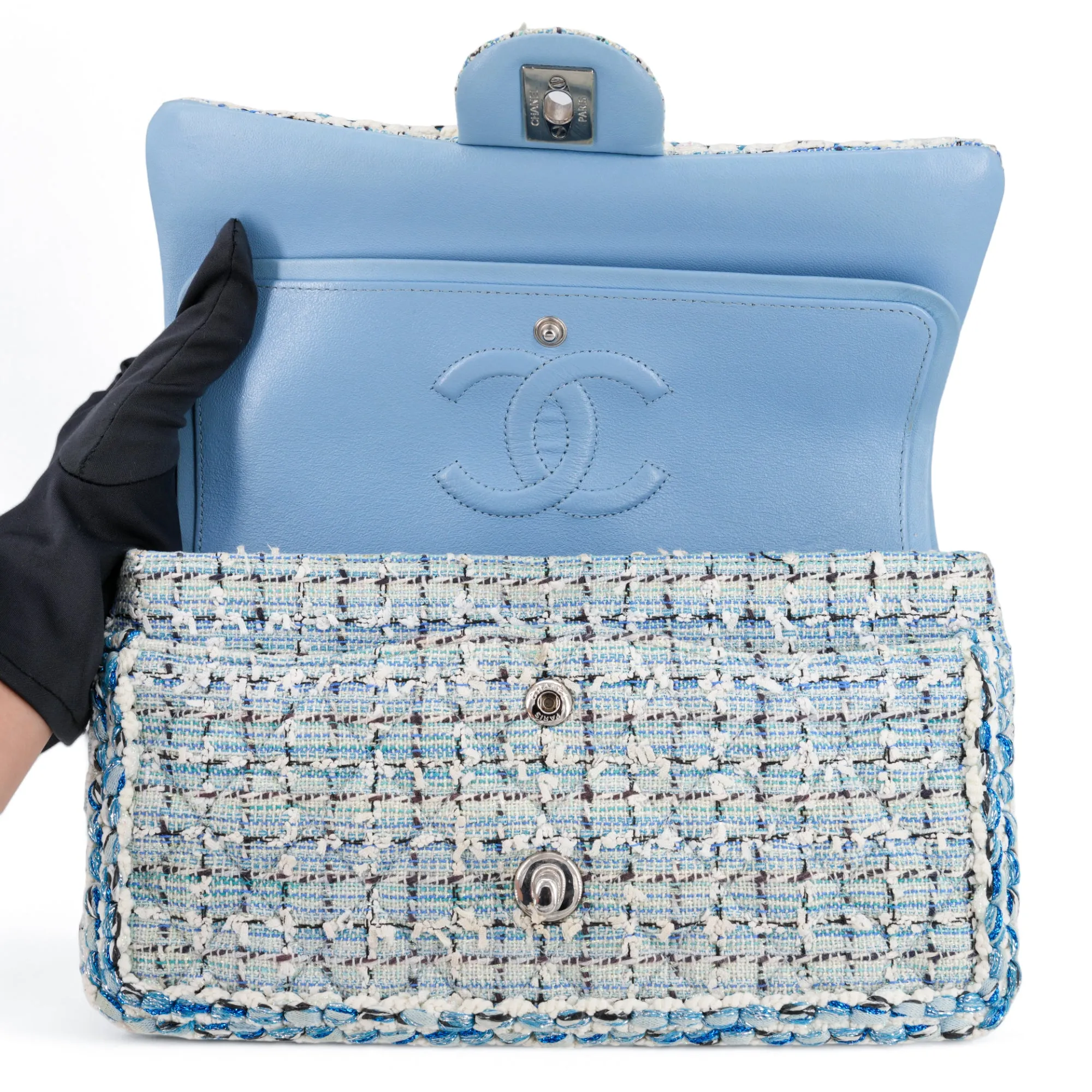 19C Blue Tweed Medium Classic Double Flap Bag
