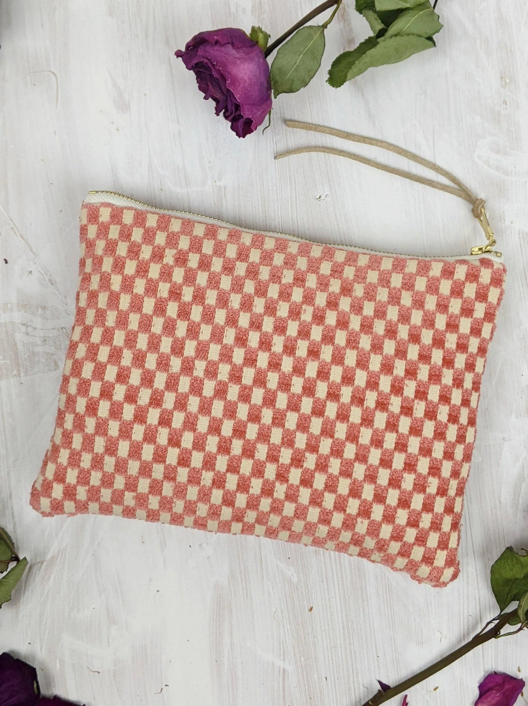 Amelia Pink Chenille Tapestry Checks Zip Purse Clutch Pouch