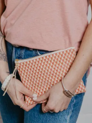 Amelia Pink Chenille Tapestry Checks Zip Purse Clutch Pouch