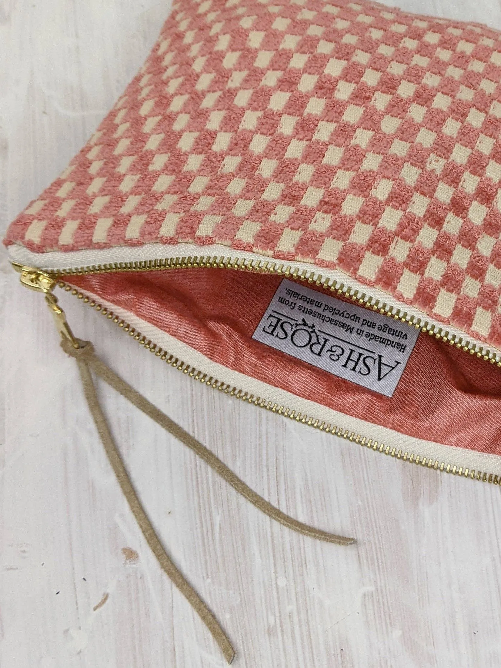 Amelia Pink Chenille Tapestry Checks Zip Purse Clutch Pouch