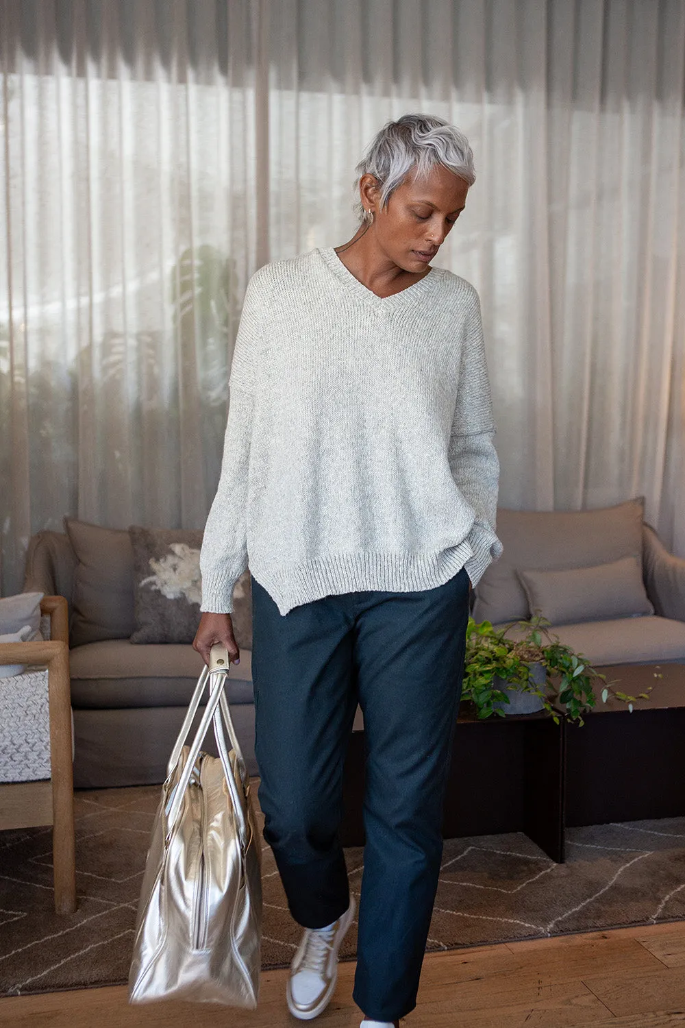 Anna Pima Cotton Alpaca V Neck In Pearl