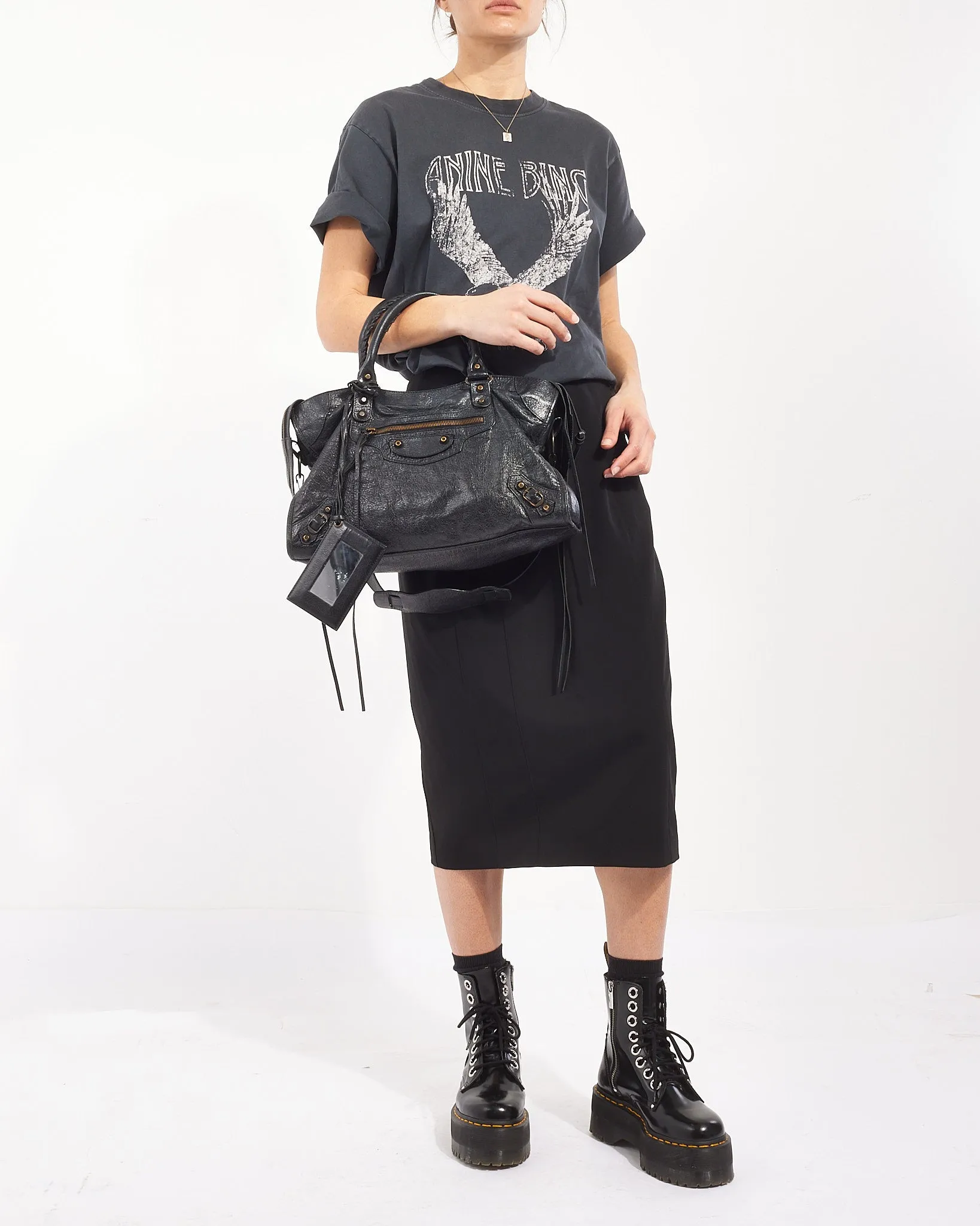 Balenciaga Black Lambskin Leather Motocross City Bag