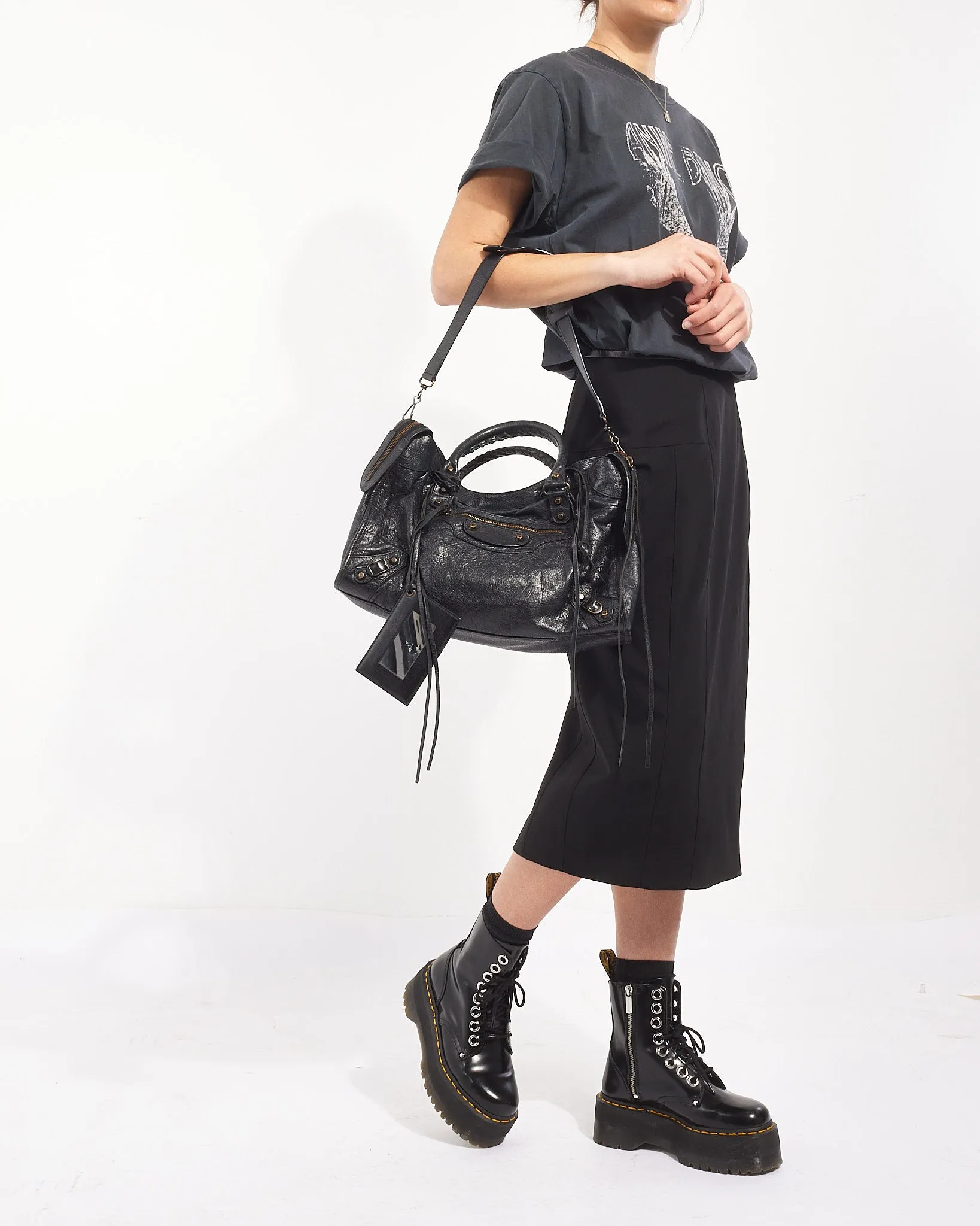 Balenciaga Black Lambskin Leather Motocross City Bag