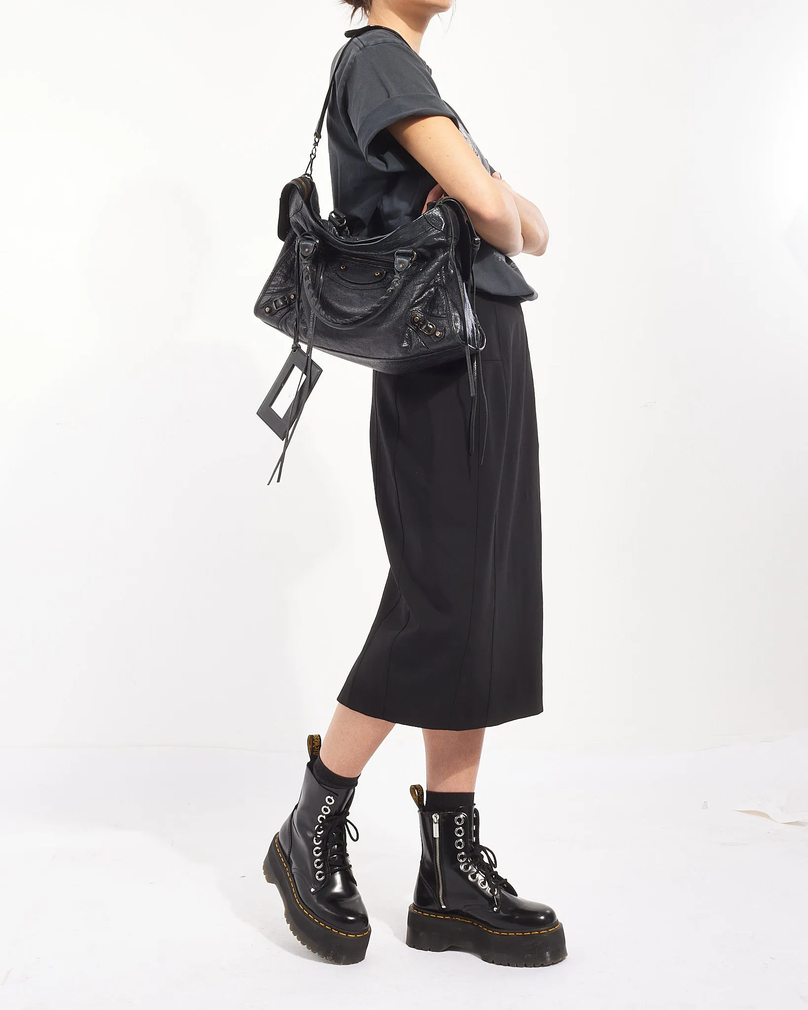 Balenciaga Black Lambskin Leather Motocross City Bag