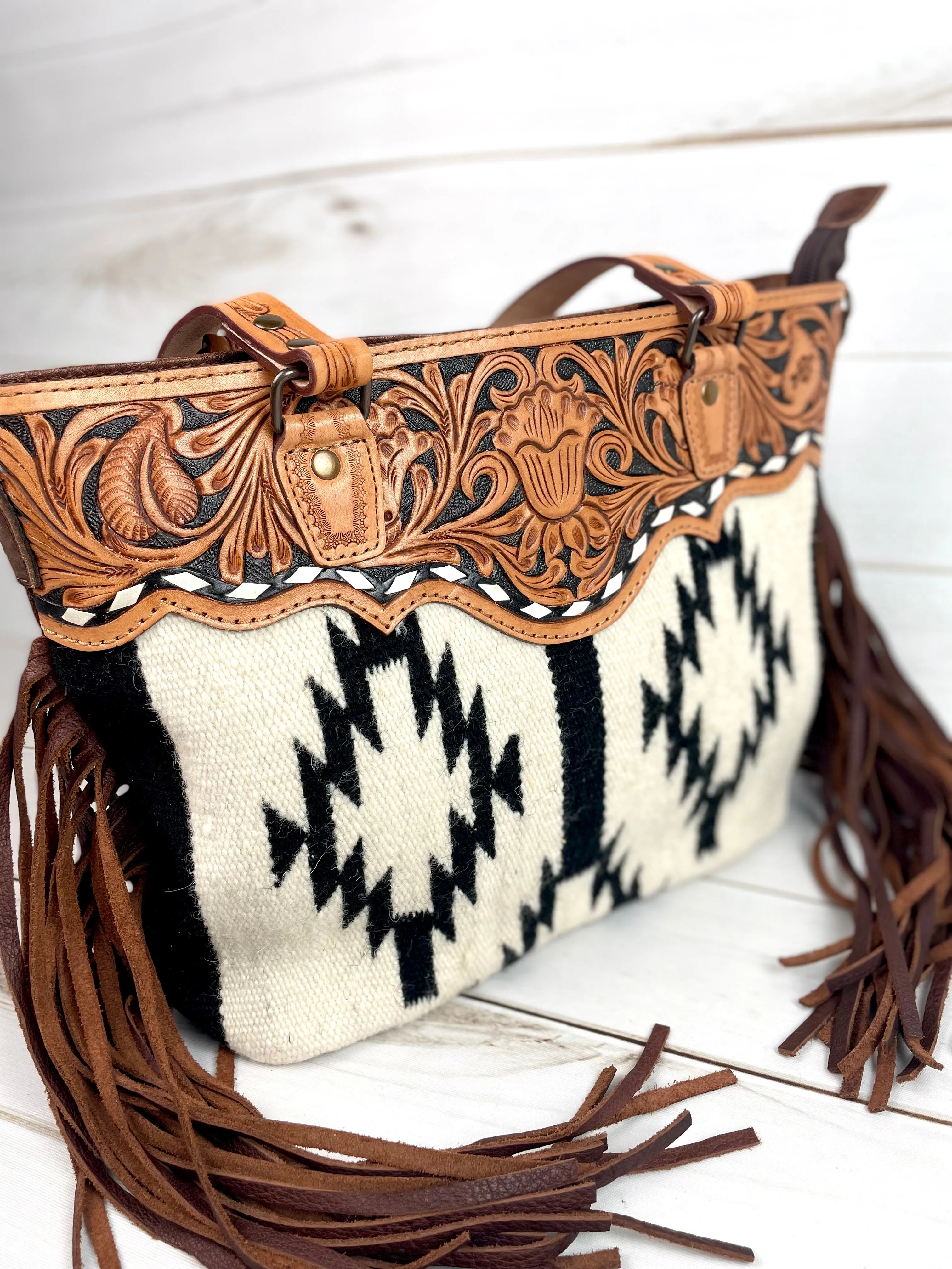 Black and Cream Wool & Leather Tote Purse
