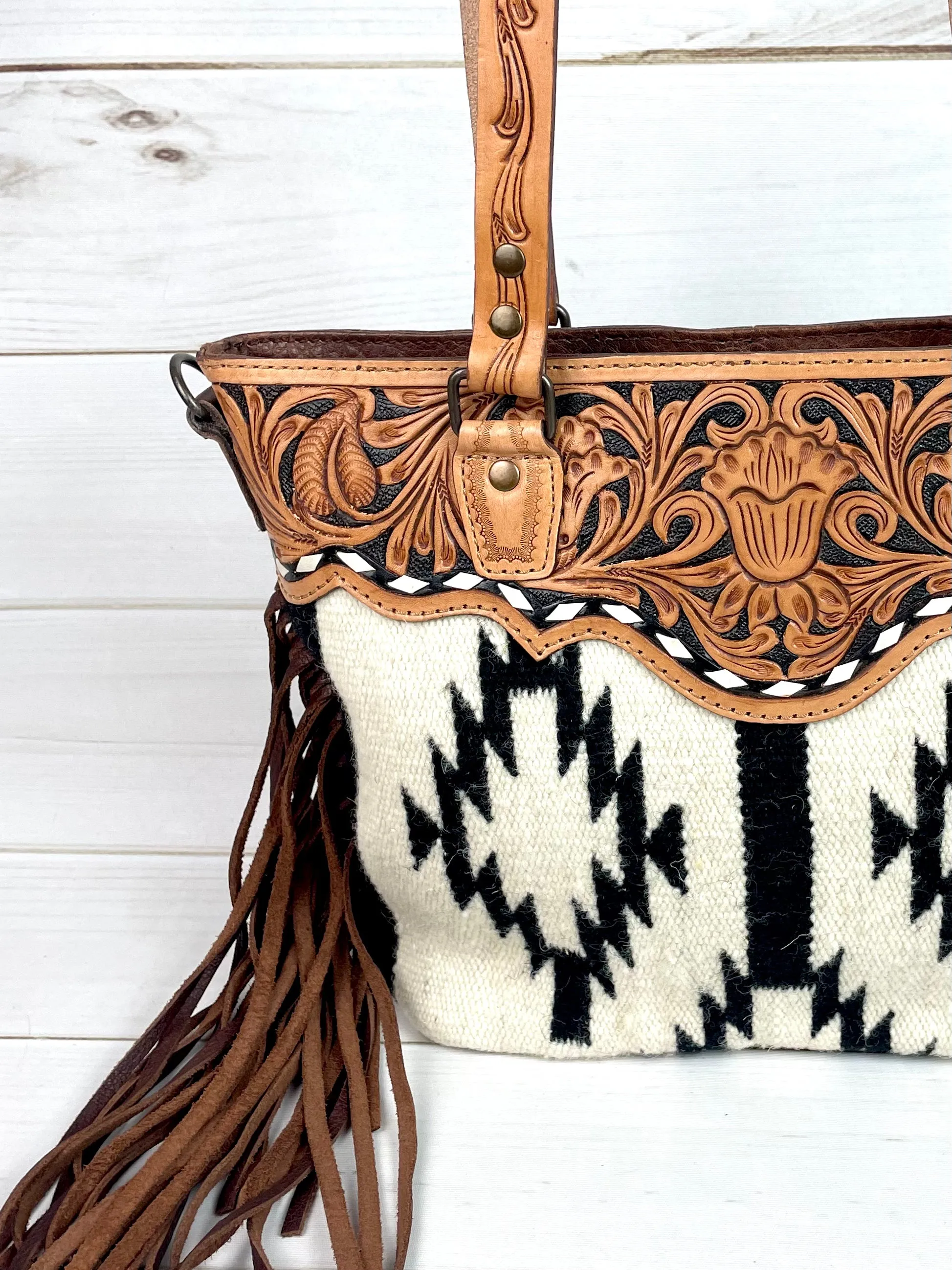 Black and Cream Wool & Leather Tote Purse