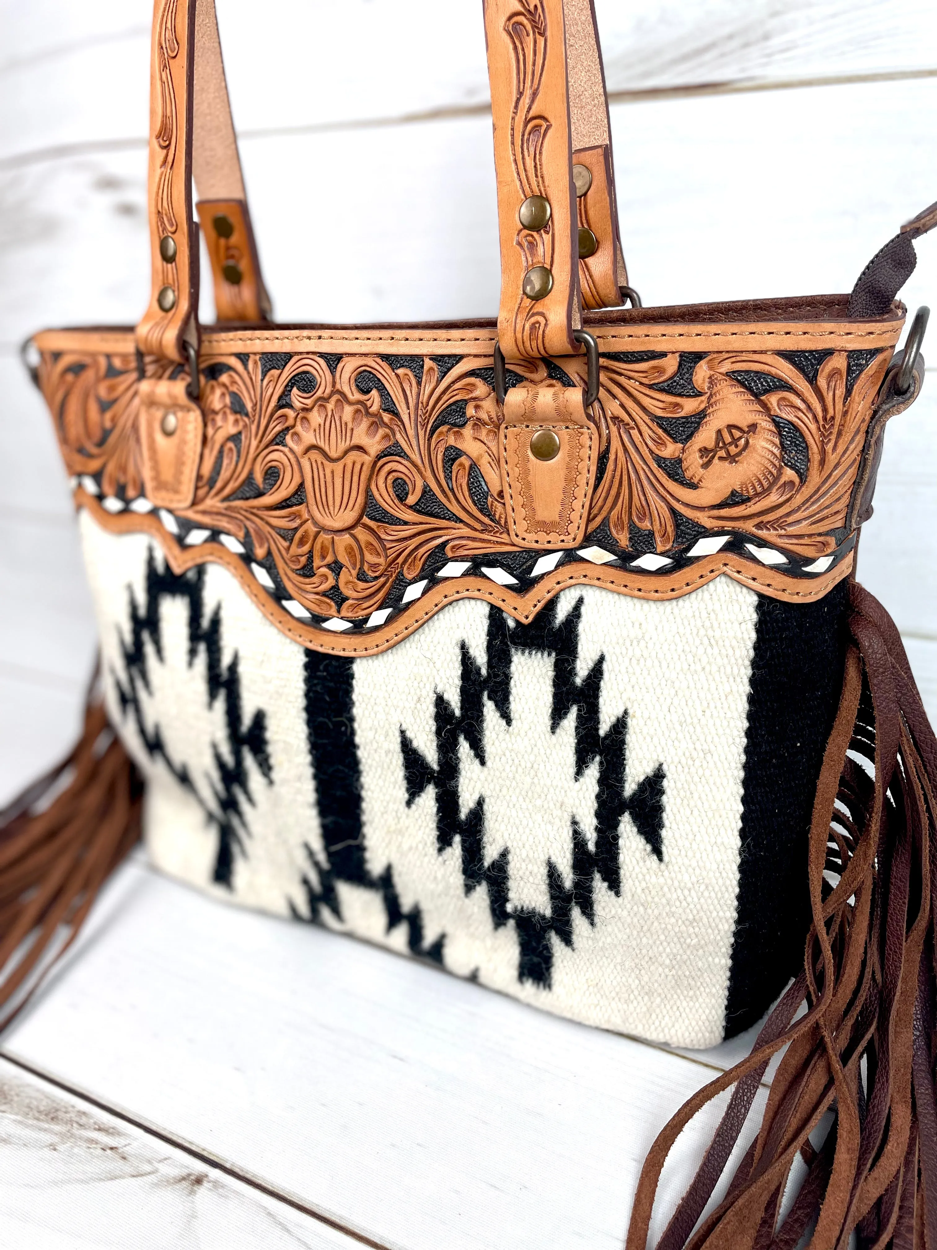 Black and Cream Wool & Leather Tote Purse