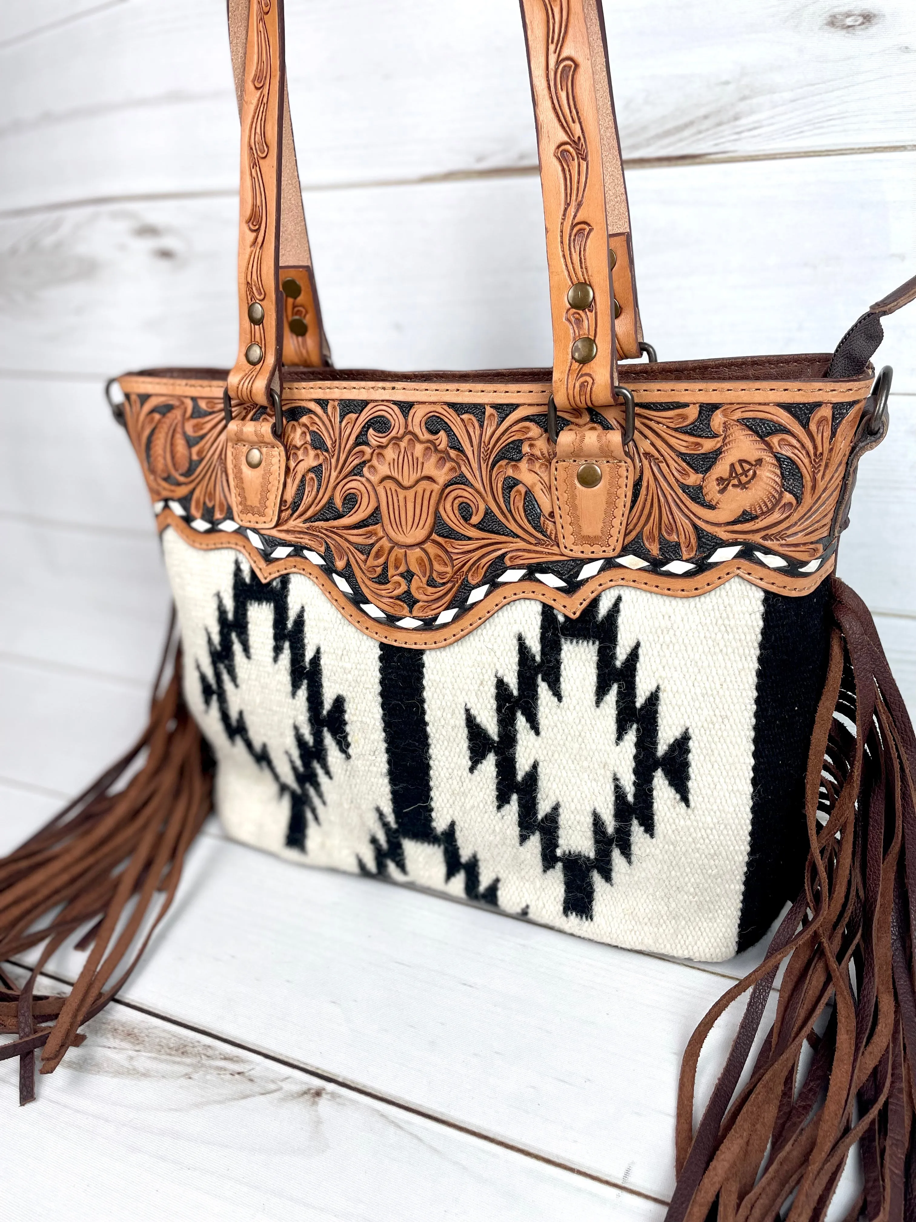 Black and Cream Wool & Leather Tote Purse