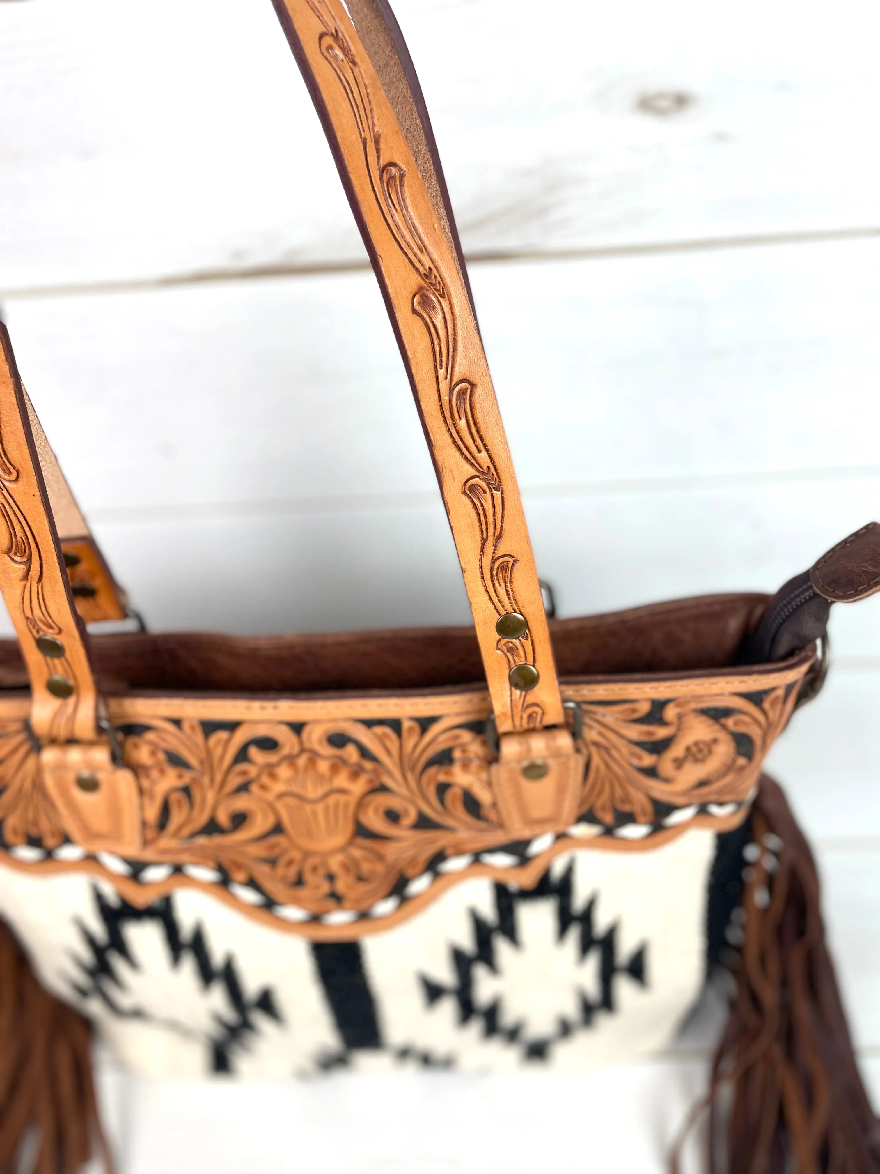 Black and Cream Wool & Leather Tote Purse