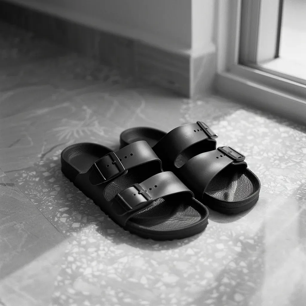Black Leather Pearl Pamper Slippers with Buckle - Slippers