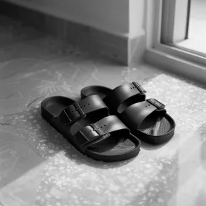 Black Leather Pearl Pamper Slippers with Buckle - Slippers