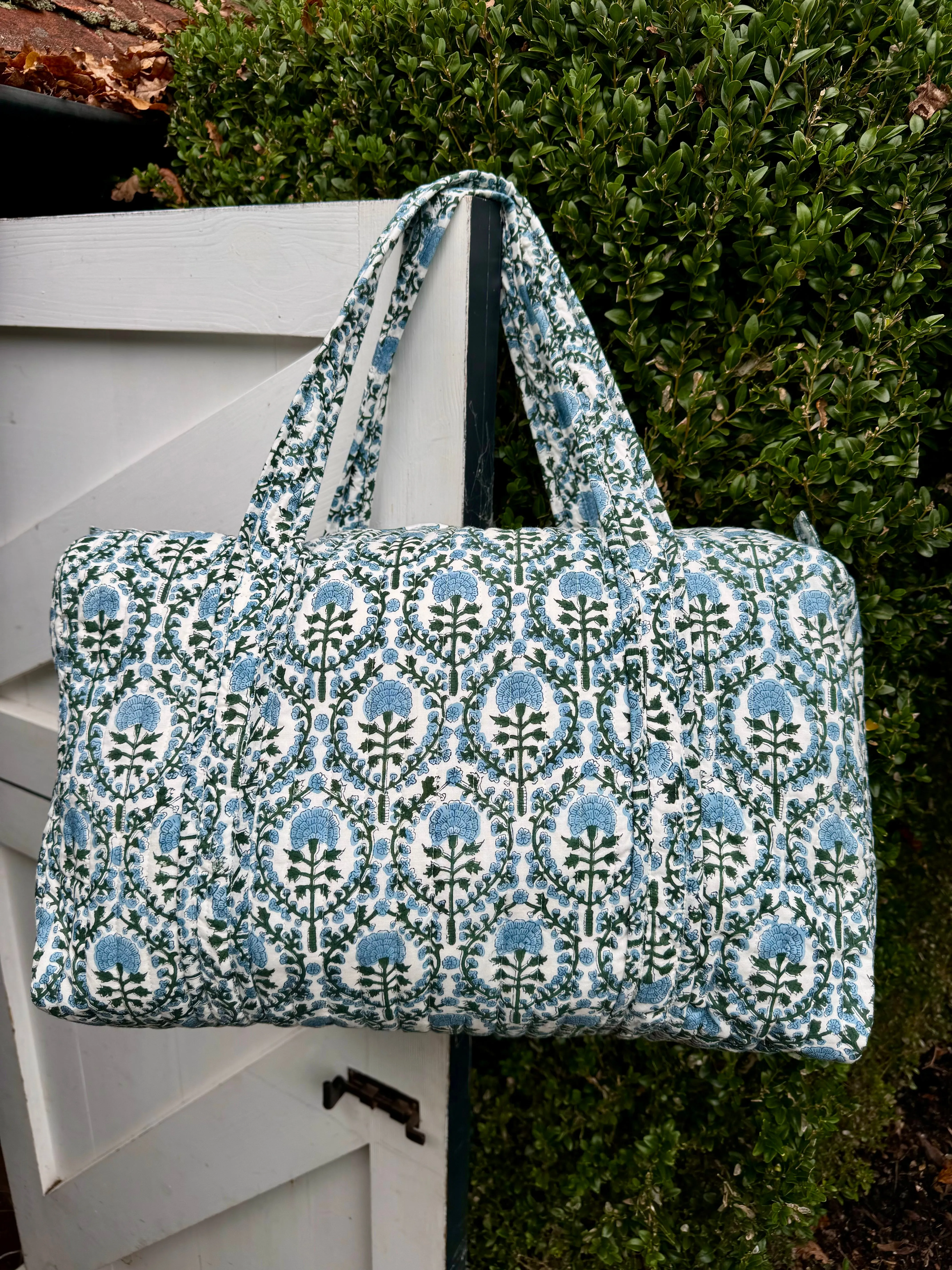BLUE AND GREEN TRELLIS WEEKEND BAG