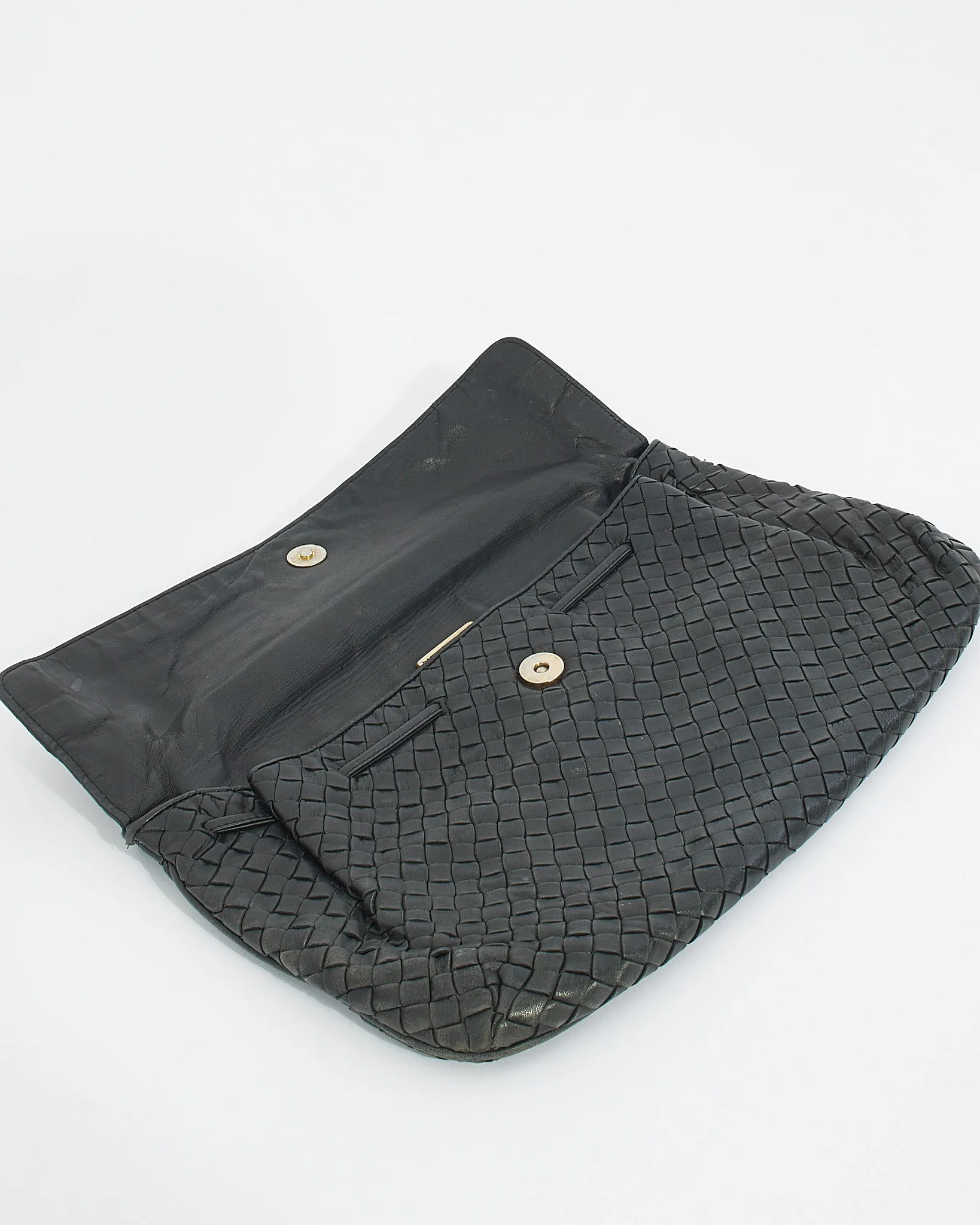 Bottega Veneta Vintage Black Woven Intrecciato Leather Fold Over Clutch