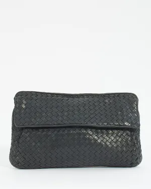 Bottega Veneta Vintage Black Woven Intrecciato Leather Fold Over Clutch