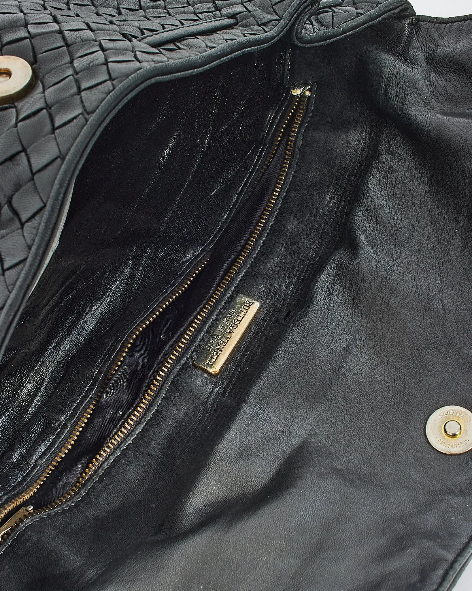 Bottega Veneta Vintage Black Woven Intrecciato Leather Fold Over Clutch