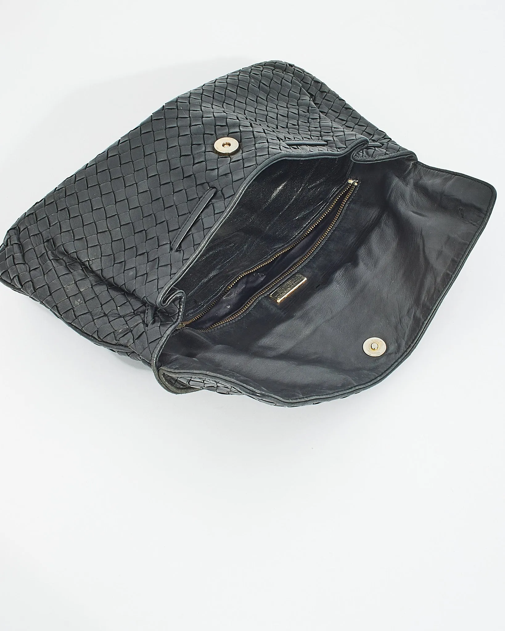 Bottega Veneta Vintage Black Woven Intrecciato Leather Fold Over Clutch