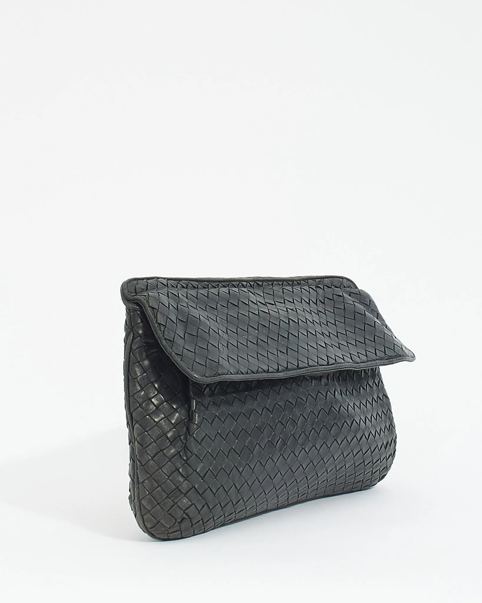 Bottega Veneta Vintage Black Woven Intrecciato Leather Fold Over Clutch