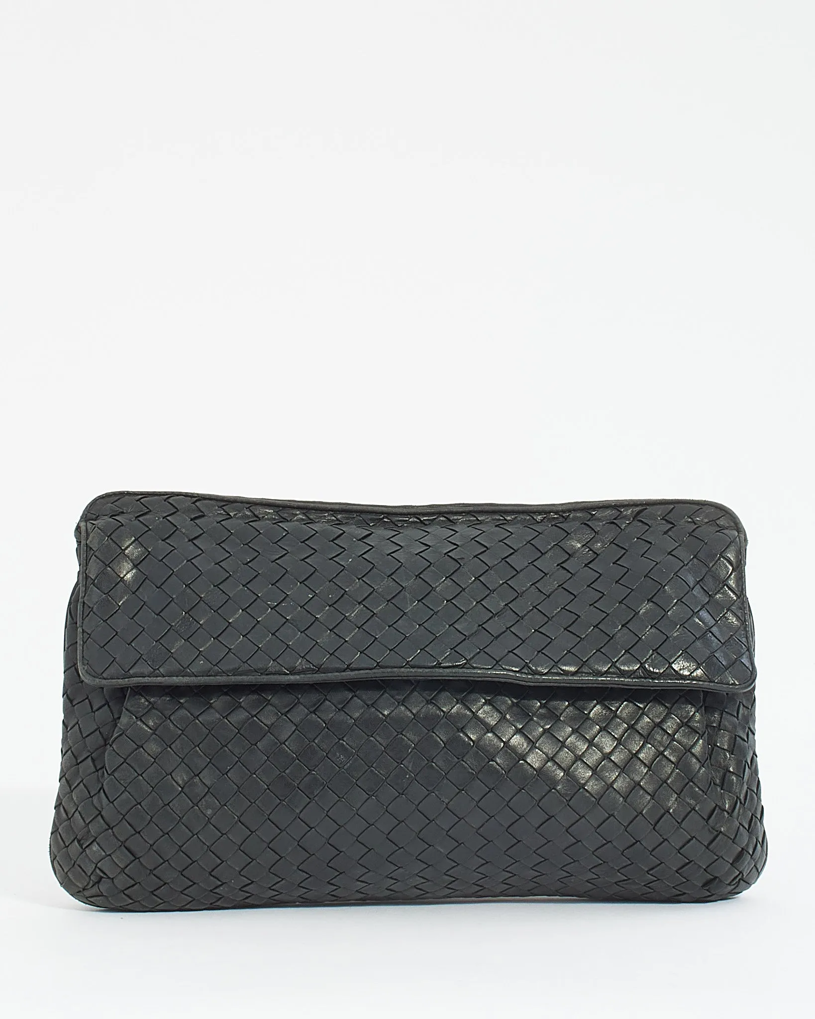 Bottega Veneta Vintage Black Woven Intrecciato Leather Fold Over Clutch