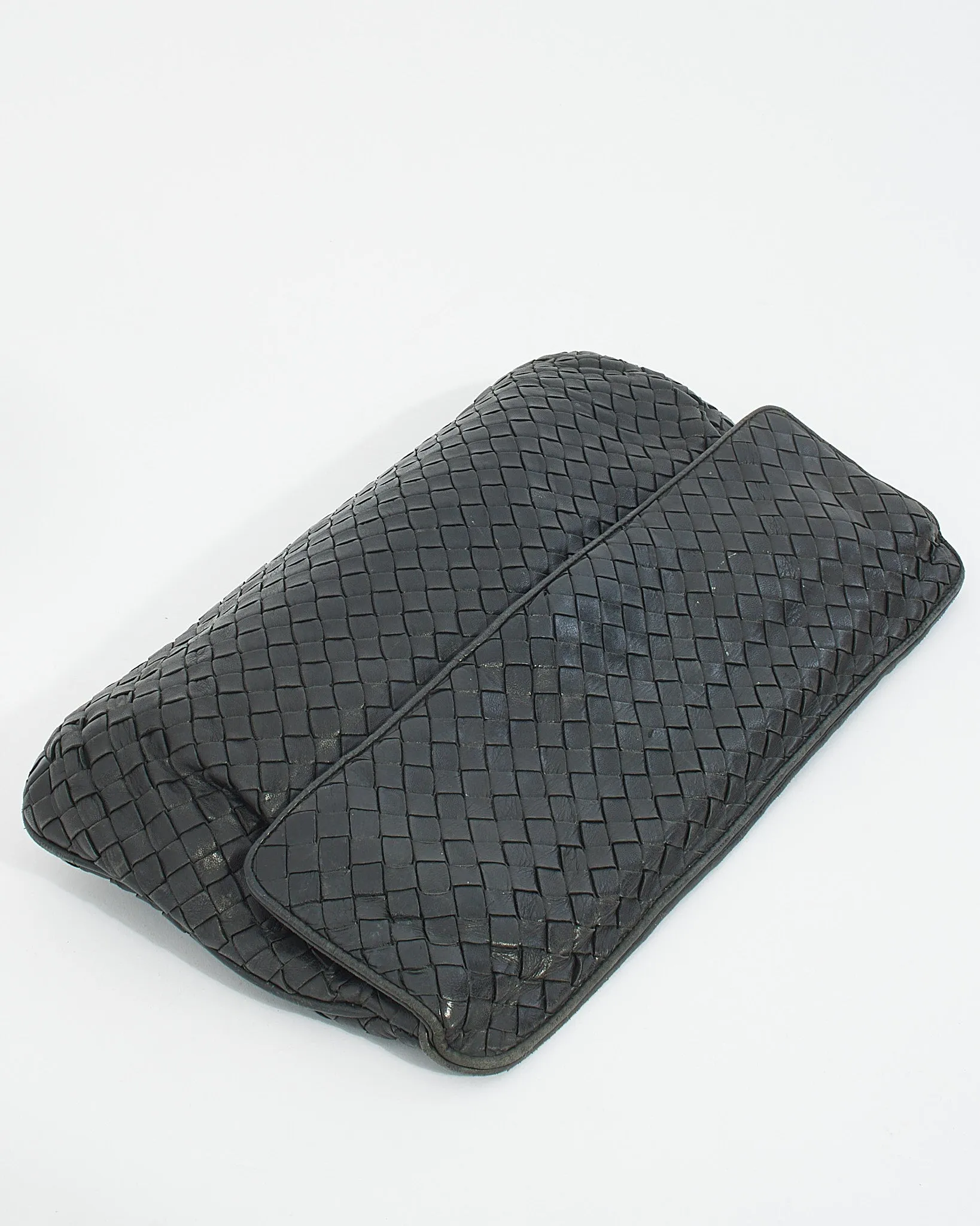 Bottega Veneta Vintage Black Woven Intrecciato Leather Fold Over Clutch