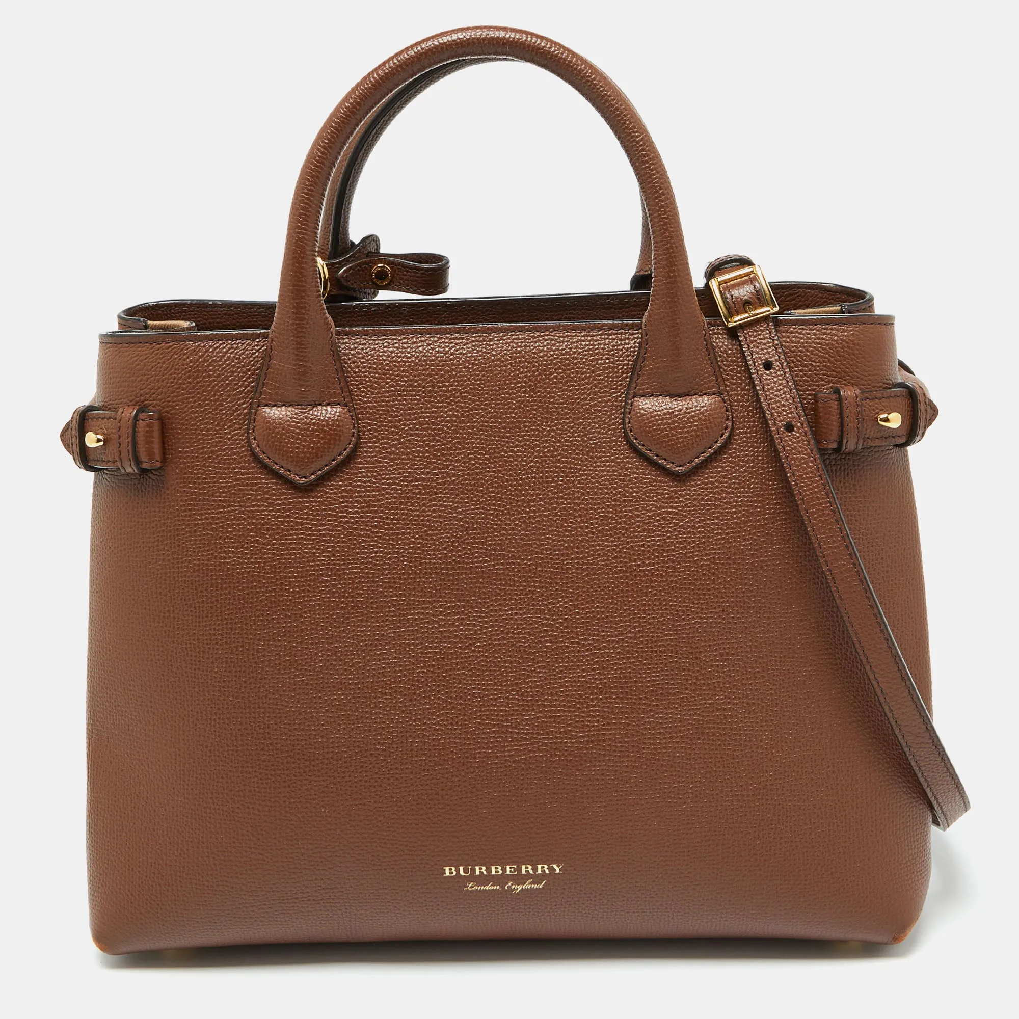 Brown Leather and House Check Fabric Medium Banner Tote
