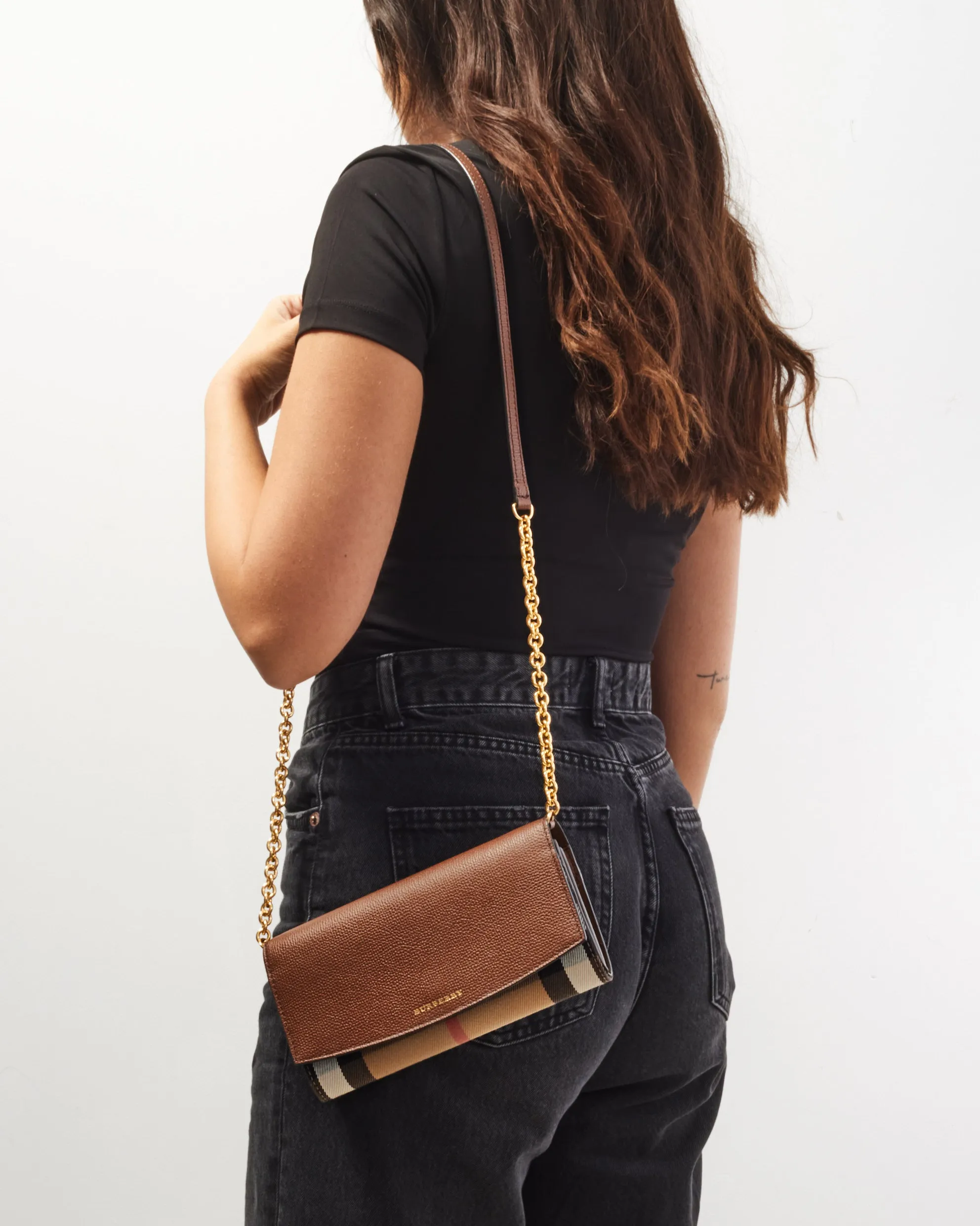 Burberry Check Canvas & Brown Leather Henley Wallet On Chain
