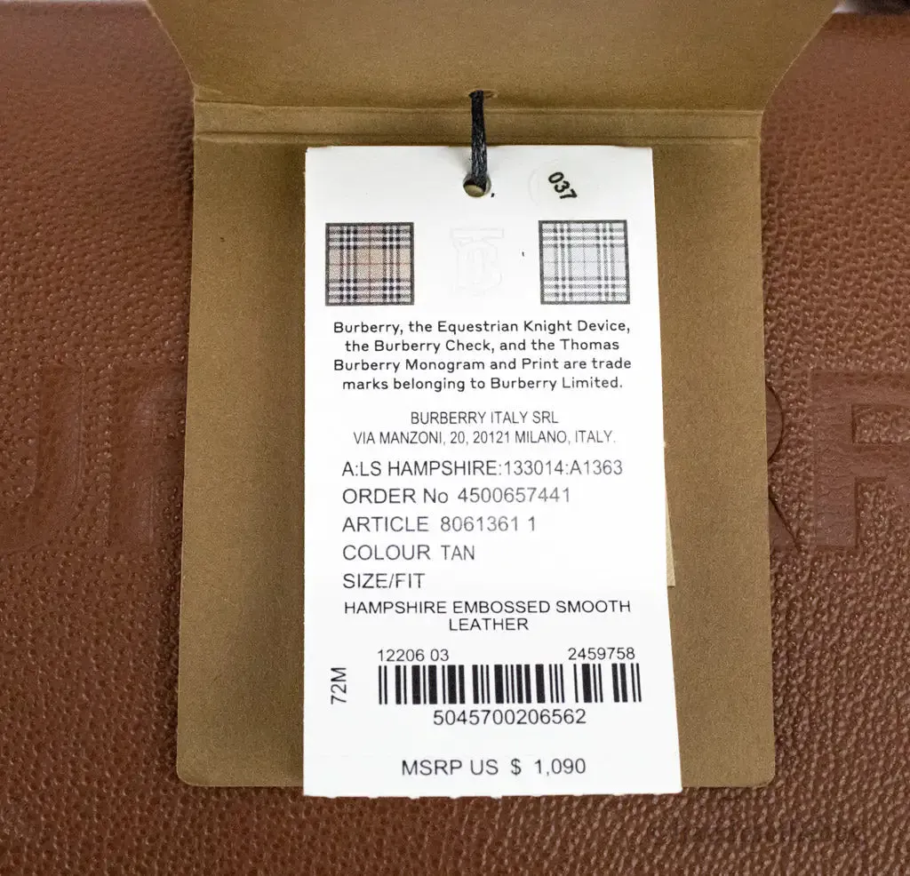 Burberry Hampshire Small Tan Embossed Smooth Leather Crossbody Handbag
