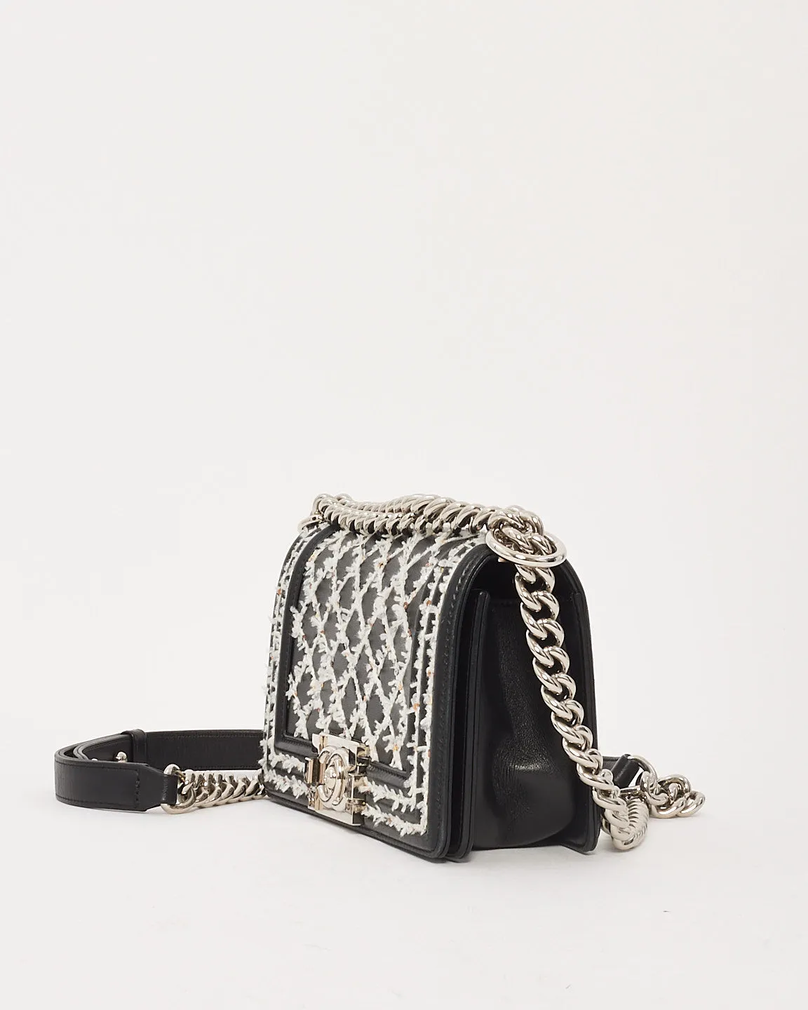 Chanel Black Lambskin Special Edition Tweed Quilt Small Boy Bag