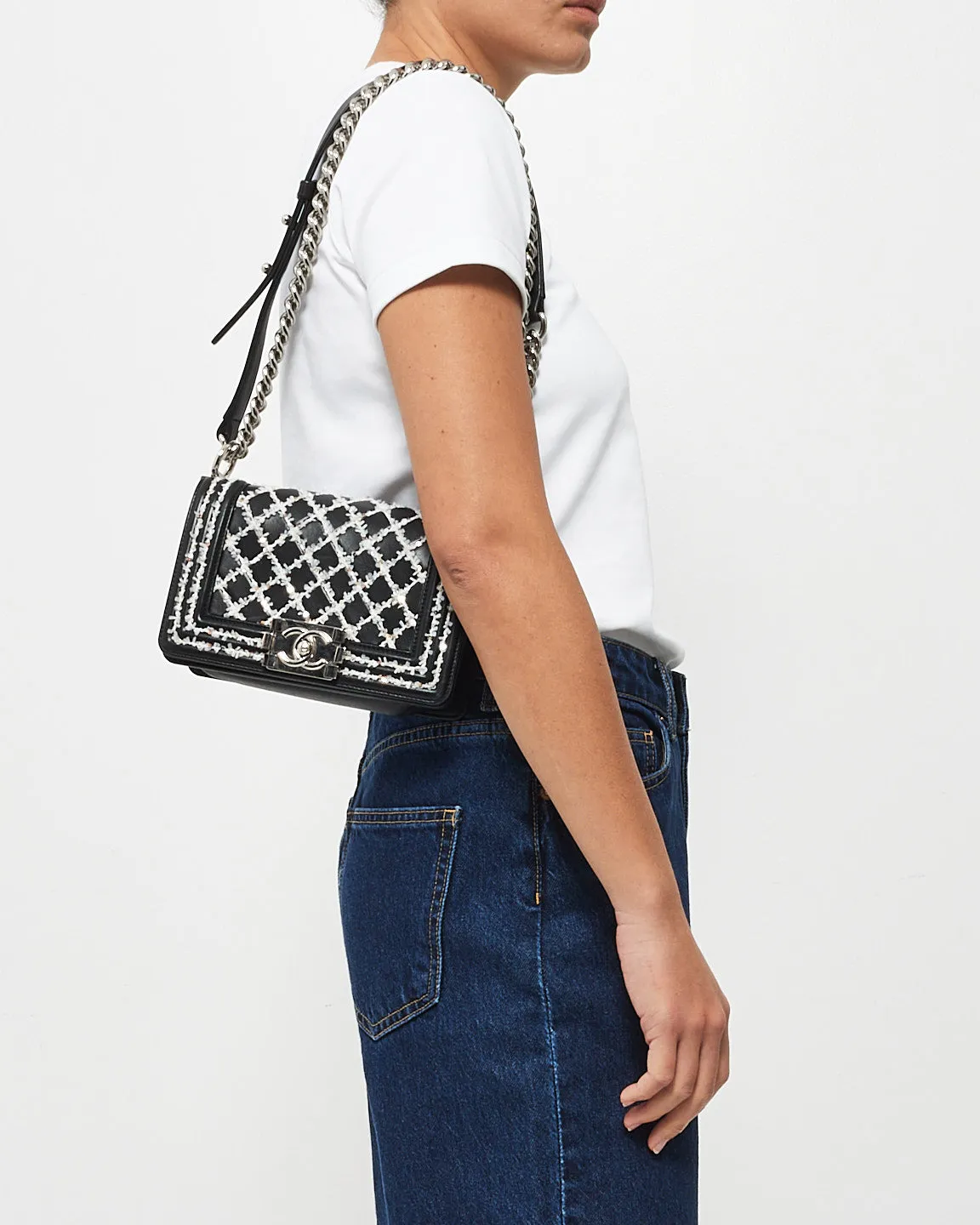 Chanel Black Lambskin Special Edition Tweed Quilt Small Boy Bag