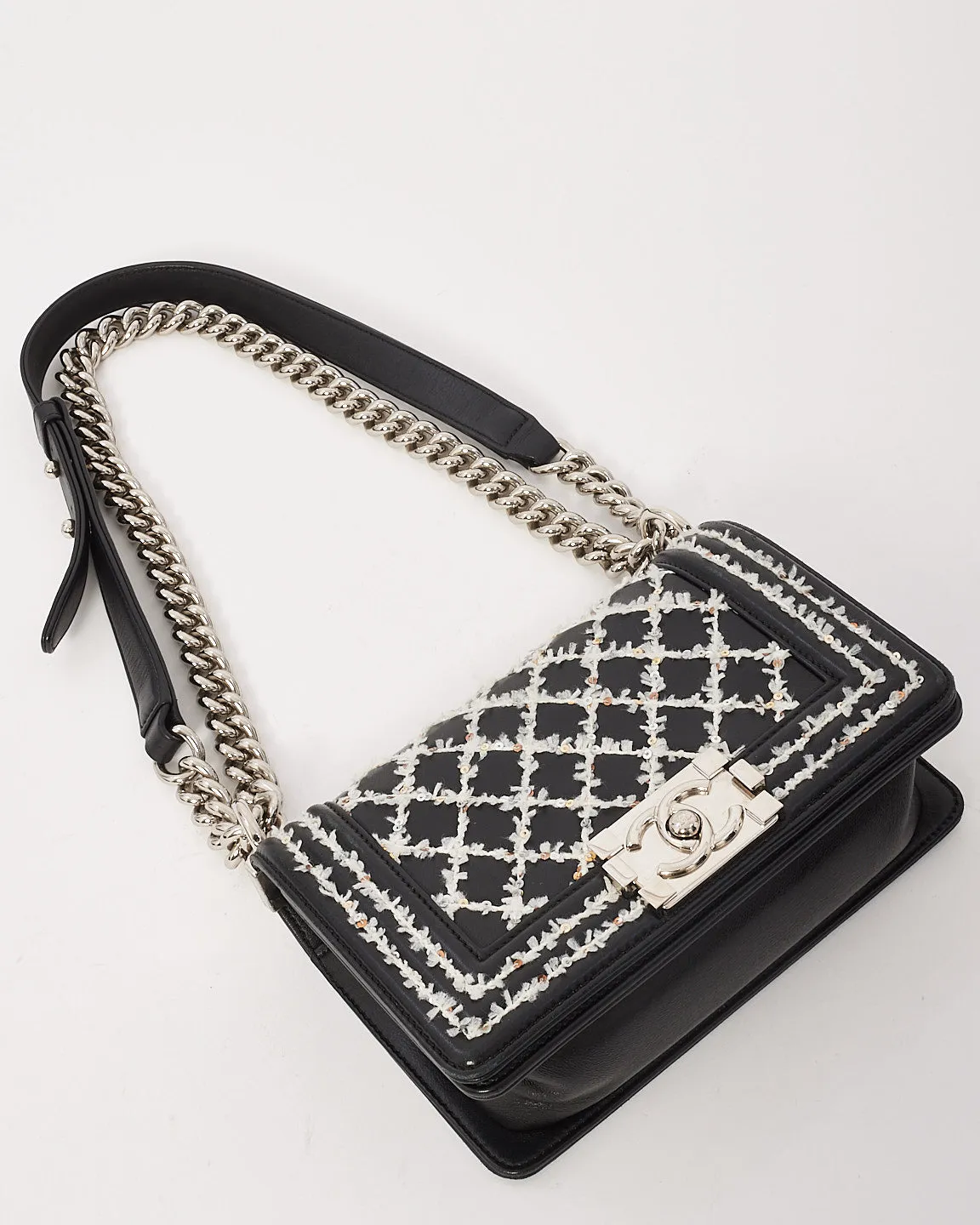 Chanel Black Lambskin Special Edition Tweed Quilt Small Boy Bag