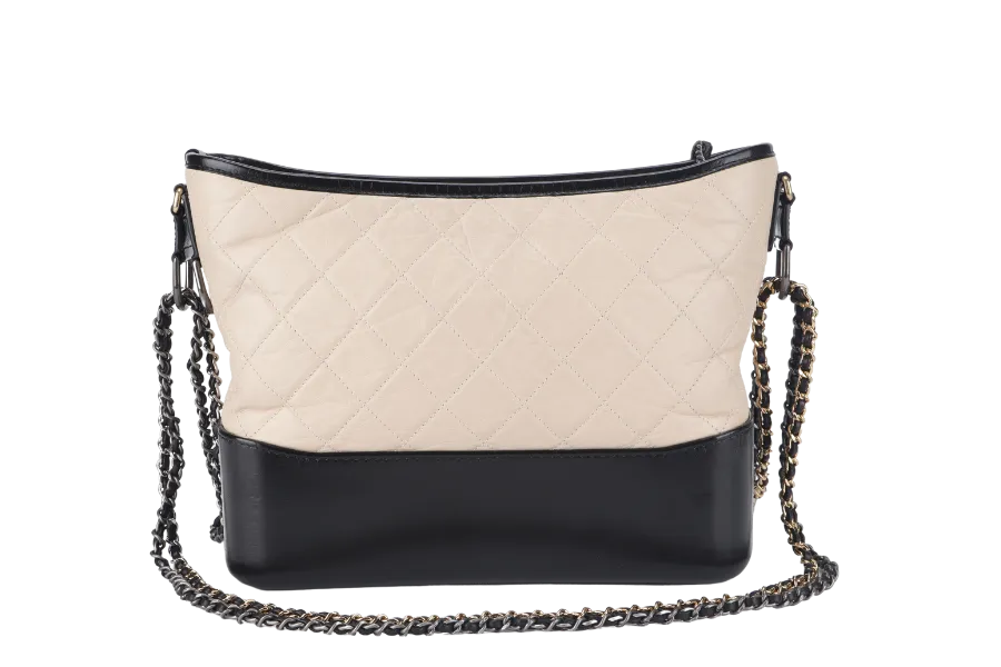CHANEL GABRIELLE MEDIUM (254xxxx) BEIGE BLACK AGED CALFSKIN GOLD TONE/SILVER TONE & RUTHENIUM HARDWARE WITH DUST COVER