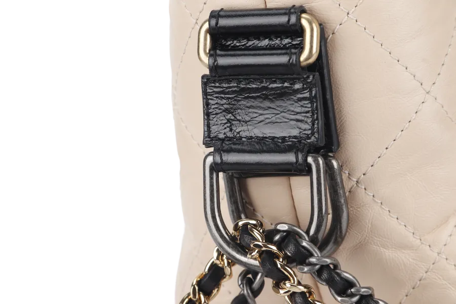CHANEL GABRIELLE MEDIUM (254xxxx) BEIGE BLACK AGED CALFSKIN GOLD TONE/SILVER TONE & RUTHENIUM HARDWARE WITH DUST COVER