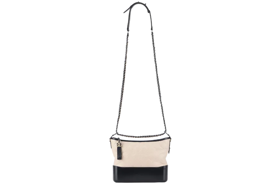 CHANEL GABRIELLE MEDIUM (254xxxx) BEIGE BLACK AGED CALFSKIN GOLD TONE/SILVER TONE & RUTHENIUM HARDWARE WITH DUST COVER