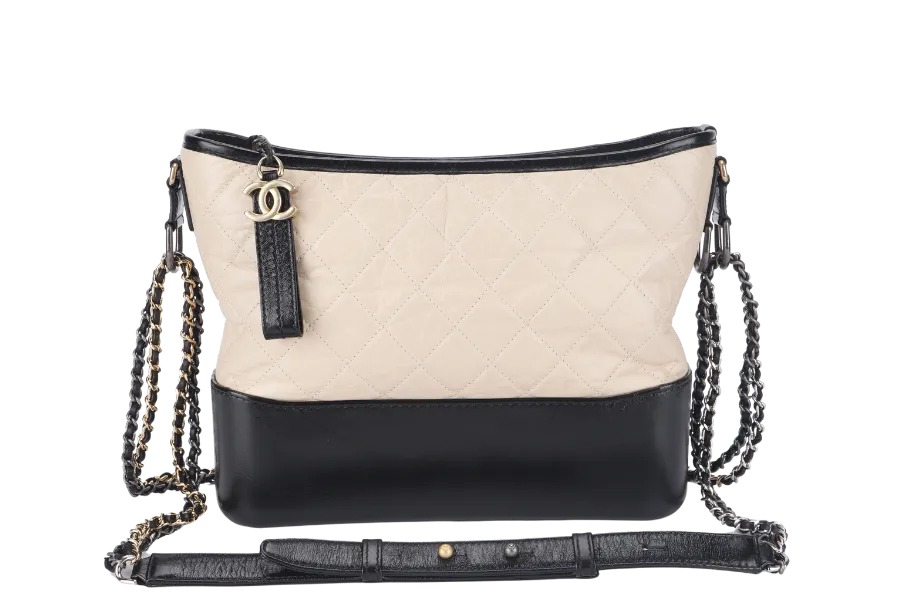 CHANEL GABRIELLE MEDIUM (254xxxx) BEIGE BLACK AGED CALFSKIN GOLD TONE/SILVER TONE & RUTHENIUM HARDWARE WITH DUST COVER