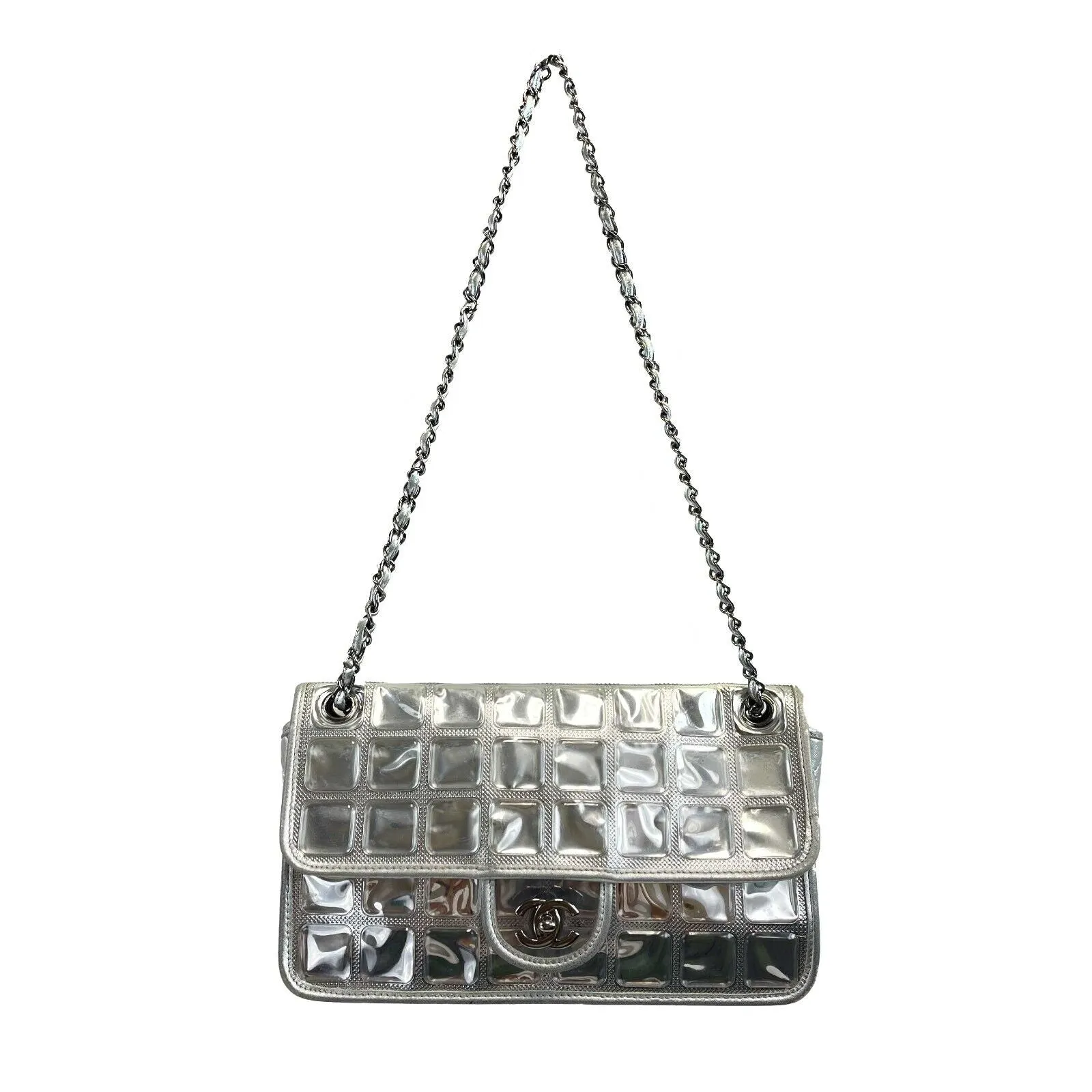 CHANEL - Ice Cube Silver PVC Medium CC Quilted Vinyl Single Flap Shoulder Bag