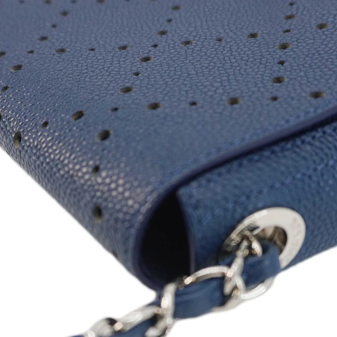 CHANEL Perforated Caviar Leather Messenger Bag Navy Blue