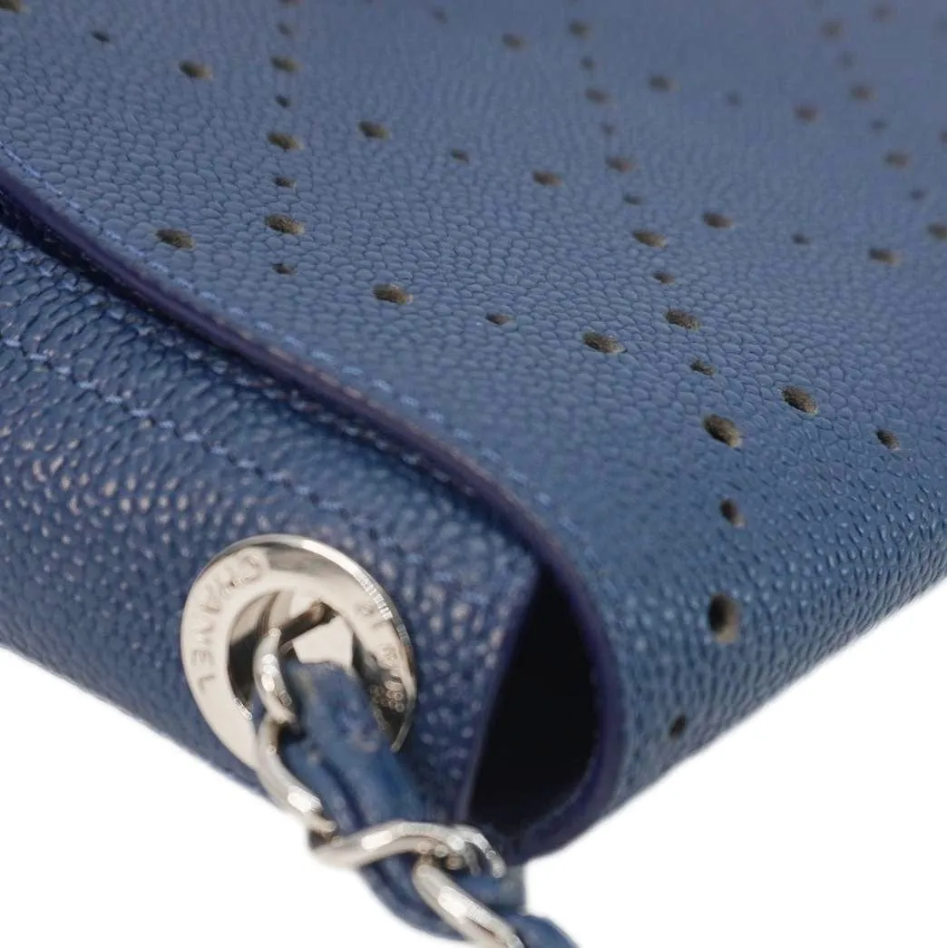 CHANEL Perforated Caviar Leather Messenger Bag Navy Blue