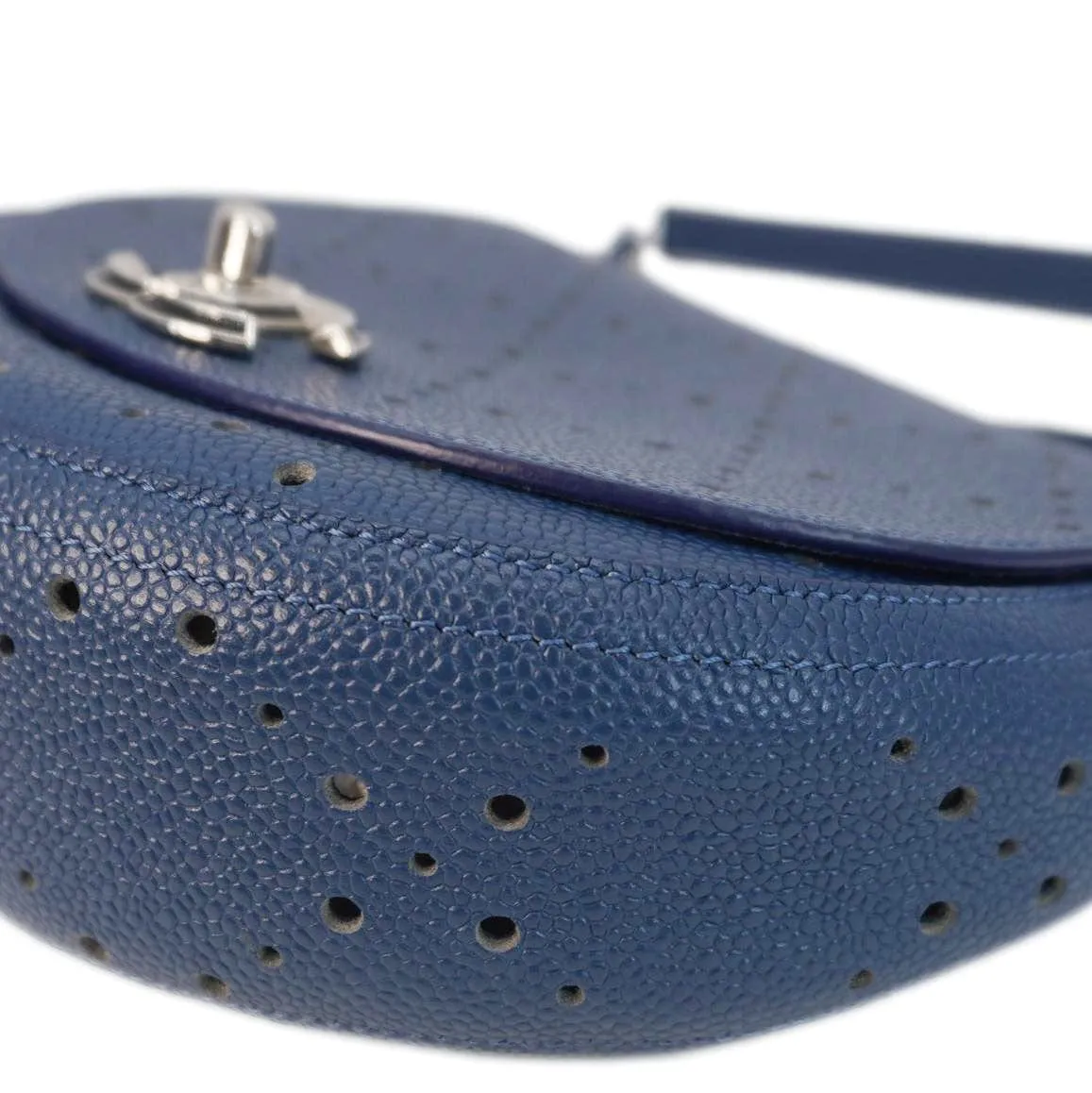 CHANEL Perforated Caviar Leather Messenger Bag Navy Blue