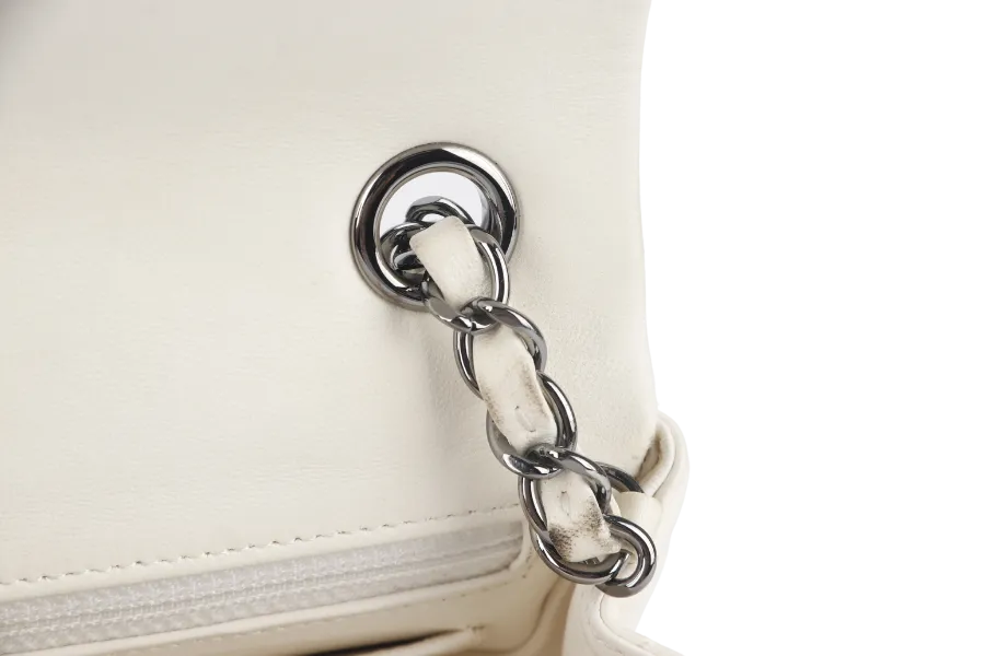 CHANEL QUILTING ENCHAINED FLAP BAG (1968xxxx) WHITE LAMBSKIN LEATHER SILVER HARDWARE WITH CARD, DUST COVER AND BOX