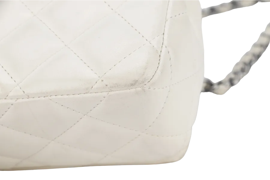 CHANEL QUILTING ENCHAINED FLAP BAG (1968xxxx) WHITE LAMBSKIN LEATHER SILVER HARDWARE WITH CARD, DUST COVER AND BOX
