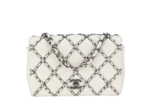 CHANEL QUILTING ENCHAINED FLAP BAG (1968xxxx) WHITE LAMBSKIN LEATHER SILVER HARDWARE WITH CARD, DUST COVER AND BOX
