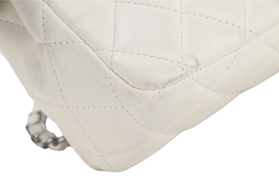 CHANEL QUILTING ENCHAINED FLAP BAG (1968xxxx) WHITE LAMBSKIN LEATHER SILVER HARDWARE WITH CARD, DUST COVER AND BOX