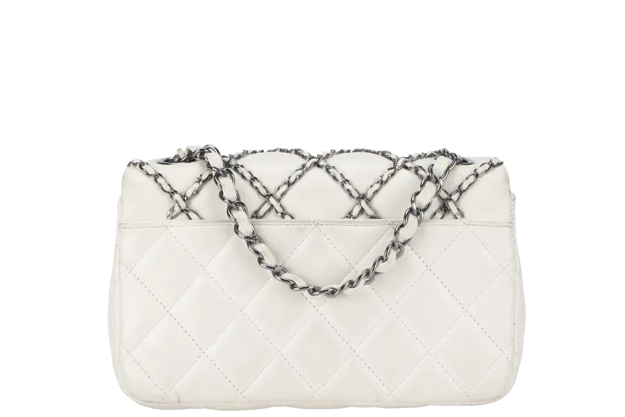 CHANEL QUILTING ENCHAINED FLAP BAG (1968xxxx) WHITE LAMBSKIN LEATHER SILVER HARDWARE WITH CARD, DUST COVER AND BOX