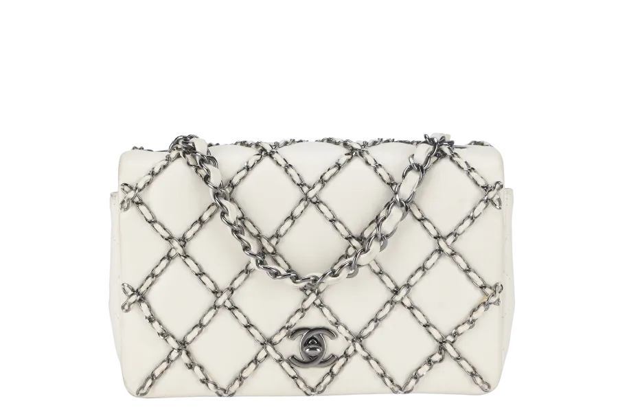 CHANEL QUILTING ENCHAINED FLAP BAG (1968xxxx) WHITE LAMBSKIN LEATHER SILVER HARDWARE WITH CARD, DUST COVER AND BOX