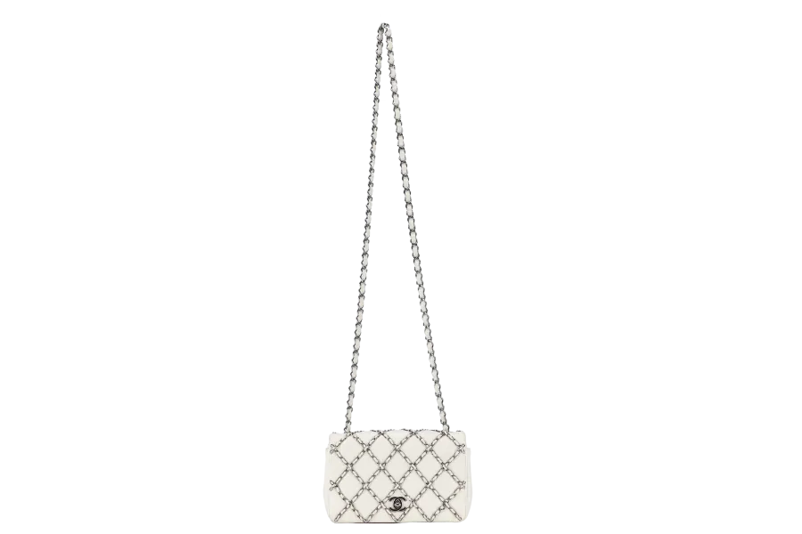 CHANEL QUILTING ENCHAINED FLAP BAG (1968xxxx) WHITE LAMBSKIN LEATHER SILVER HARDWARE WITH CARD, DUST COVER AND BOX