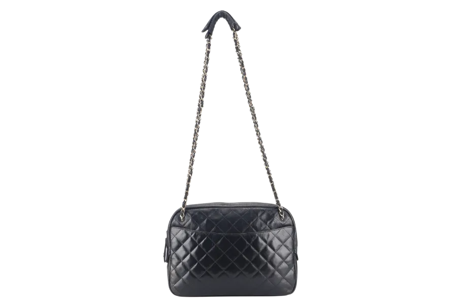 CHANEL VINTAGE CAMERA BAG (117xxxx) MEDIUM BLACK LAMBSKIN QUILTED GOLD HARDWARE NO DUST COVER