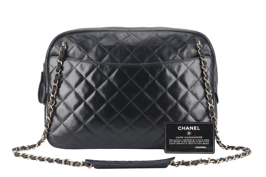 CHANEL VINTAGE CAMERA BAG (117xxxx) MEDIUM BLACK LAMBSKIN QUILTED GOLD HARDWARE NO DUST COVER