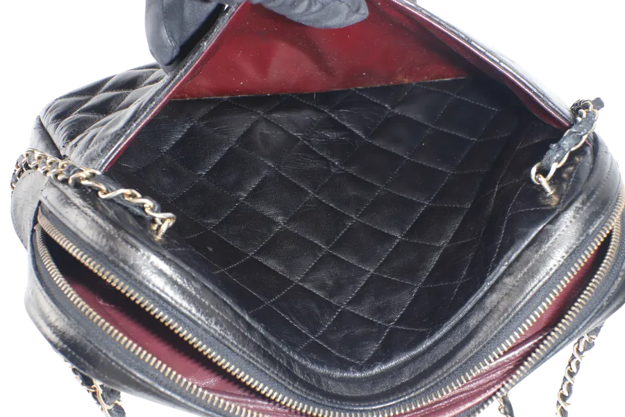 CHANEL VINTAGE CAMERA BAG (117xxxx) MEDIUM BLACK LAMBSKIN QUILTED GOLD HARDWARE NO DUST COVER