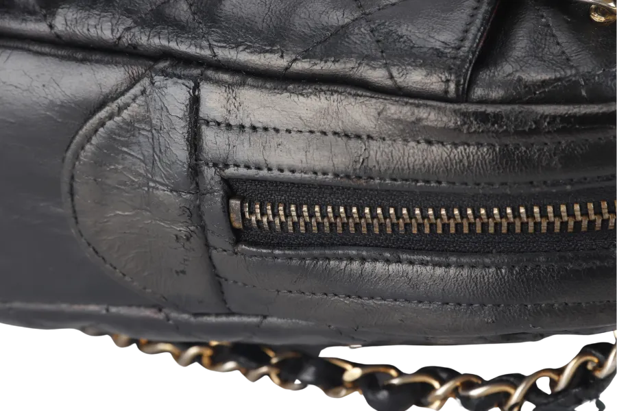 CHANEL VINTAGE CAMERA BAG (117xxxx) MEDIUM BLACK LAMBSKIN QUILTED GOLD HARDWARE NO DUST COVER