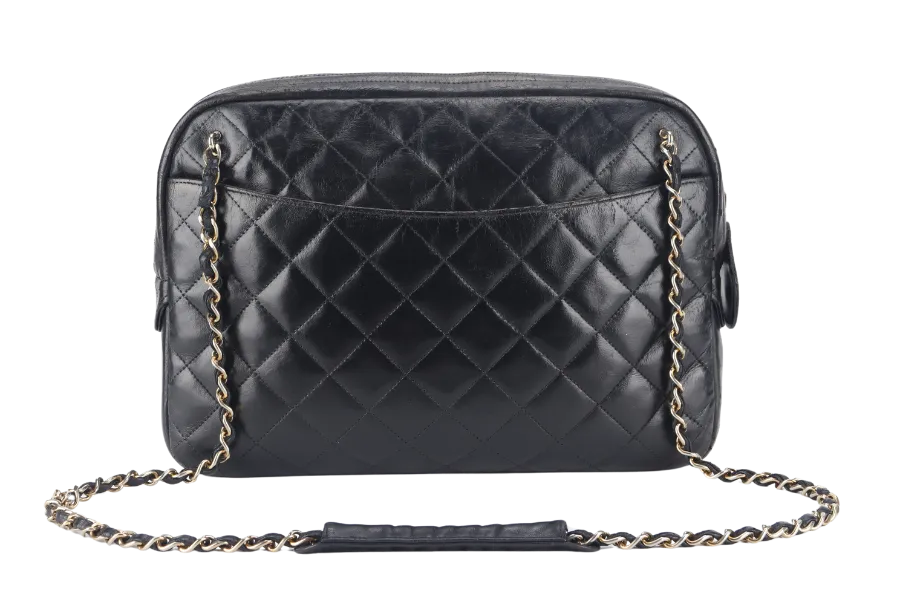 CHANEL VINTAGE CAMERA BAG (117xxxx) MEDIUM BLACK LAMBSKIN QUILTED GOLD HARDWARE NO DUST COVER
