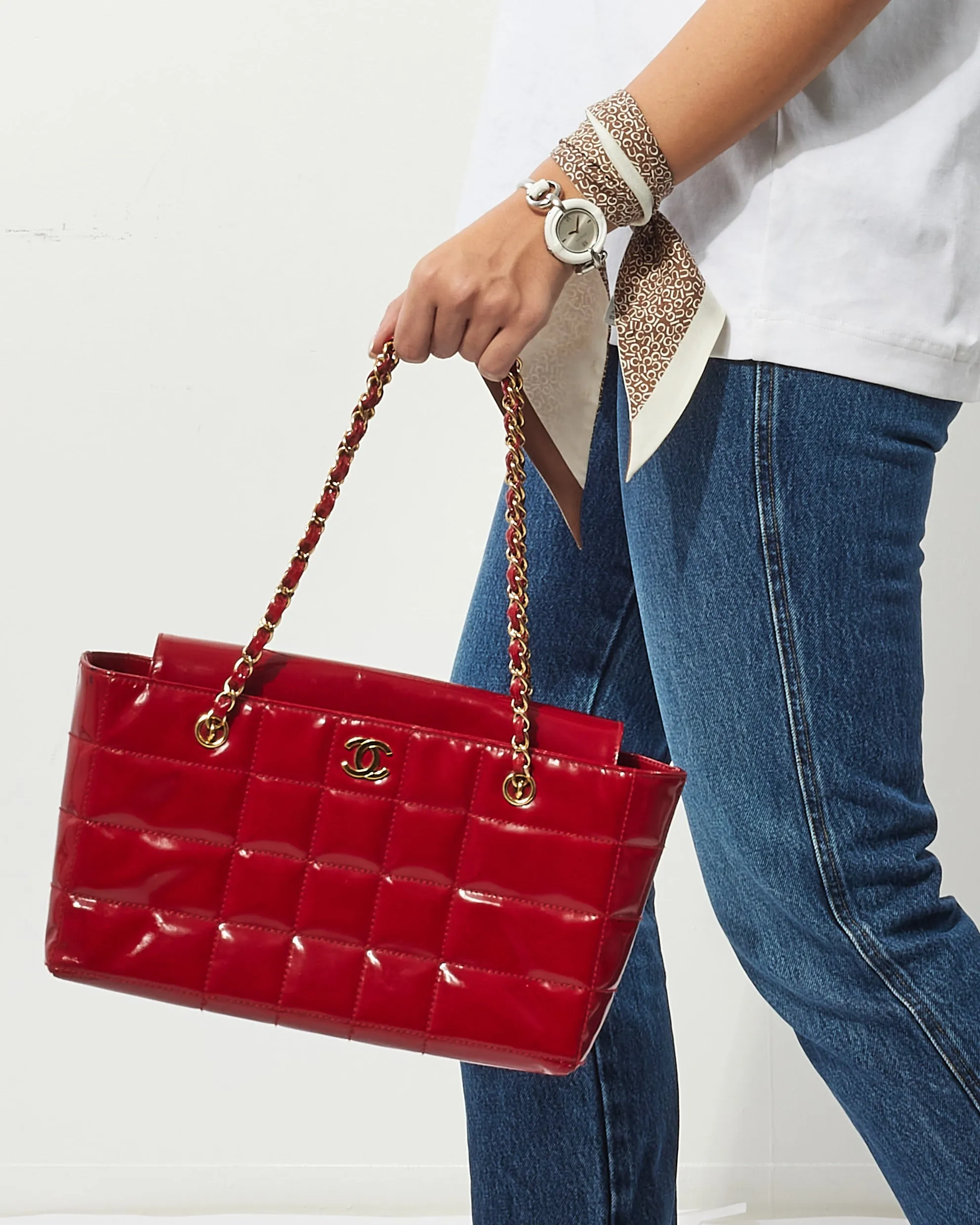 Chanel Vintage Red Patent Leather "Chocolate Bar" Tote Bag
